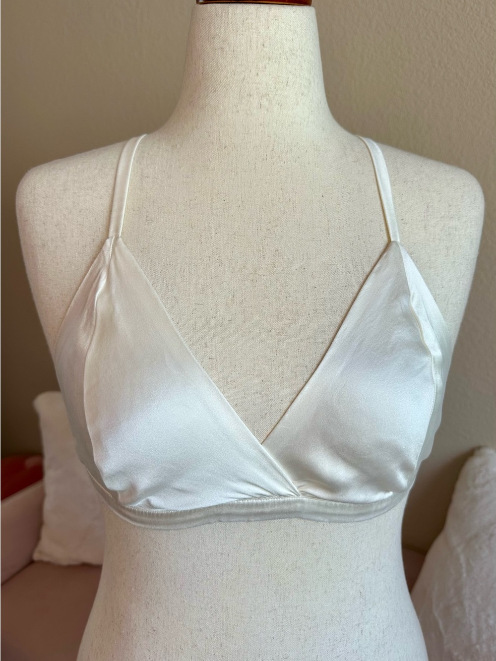 Rosily 100% Silk Triangle Bra Bralette Criss Cross Back Ivory Satin 34-36 B-C
